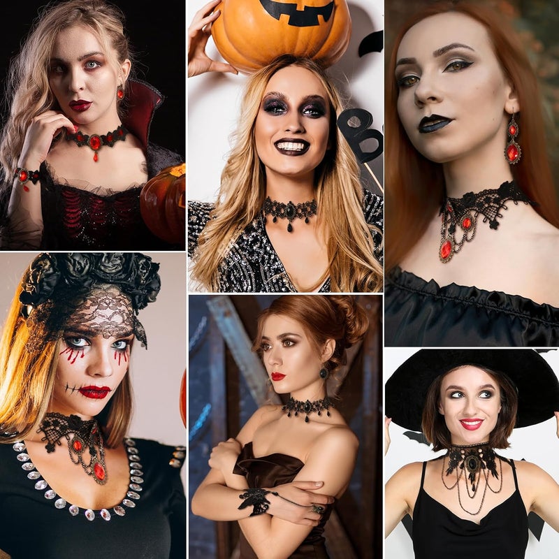 ELLEZZA Gothic Victorian Style Vampire Choker Necklace Bracelet Earrings Set,Halloween Pirate Steampunk Witch Vampire Costume Accessories Jewelry for Women,Adjustable Size - Image 3